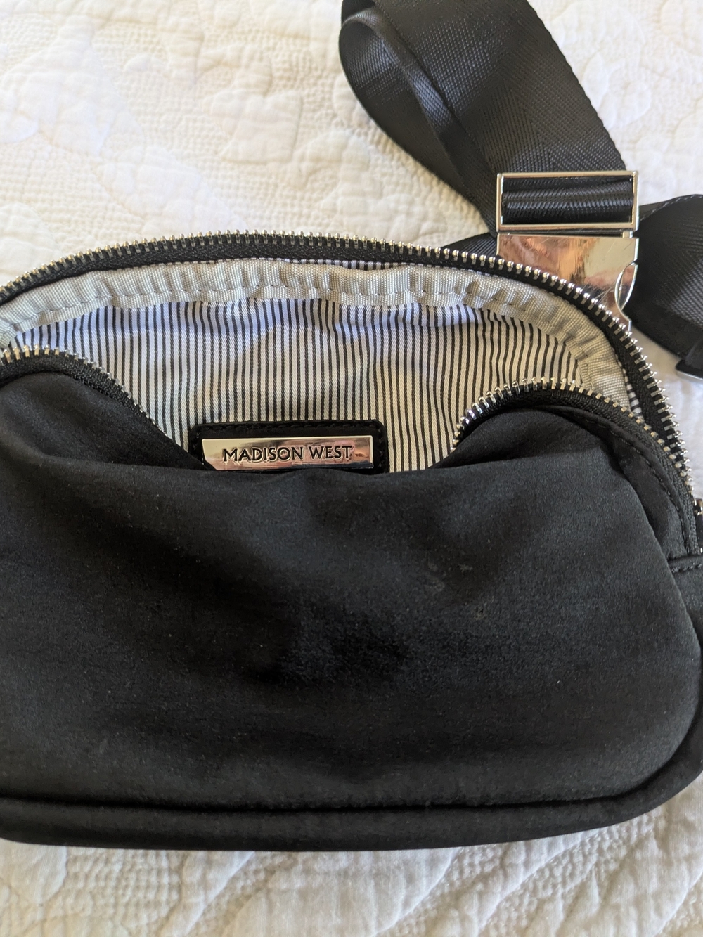 Madison West Black Women's Cross Body /Fanny Pack Bag with Striped Lining
